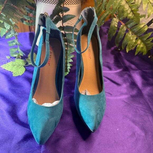 📌JustFab Turquoise Pointed Toe Suede 5.5 " High Heel Pumps with Ankle Straps - Picture 1 of 13